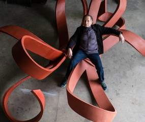 Shelly Fireman posing on Dear Sweetheart Sculpture